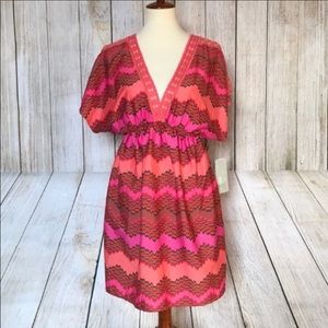 Coral printed dress w/ lace detail & pockets